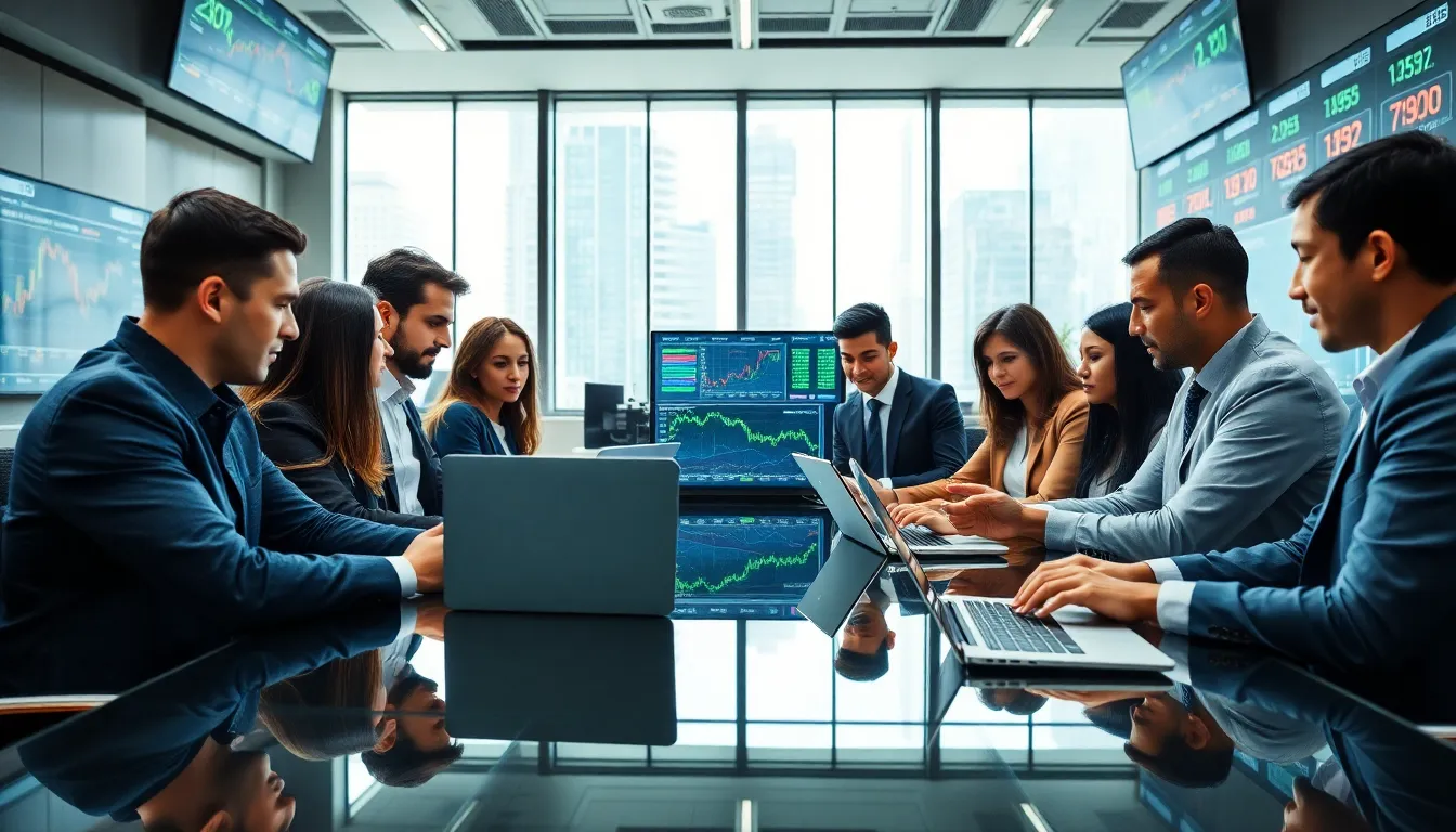diverse finance professionals collaborating in a modern trading environment.