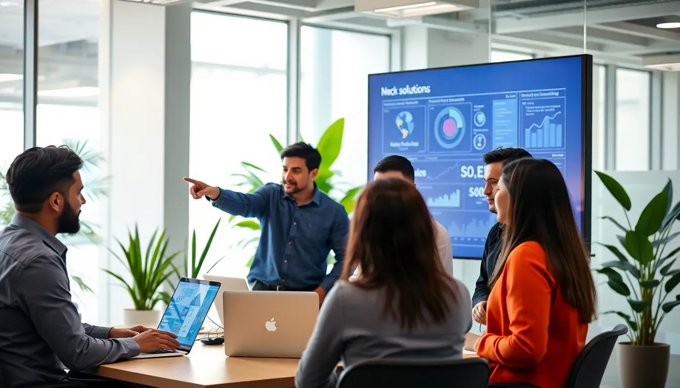 diverse team collaborating in a modern tech office.