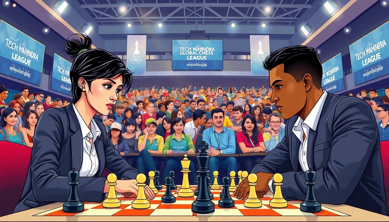 diverse chess players competing in a modern arena.
