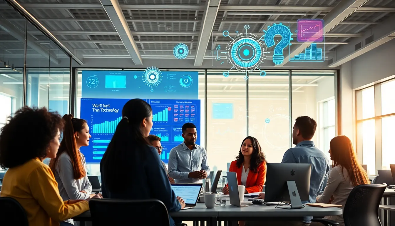 diverse team collaborating in a modern tech office.
