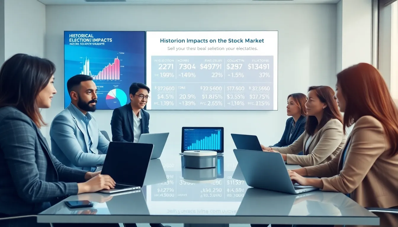 professionals analyzing stock market data in a modern office.