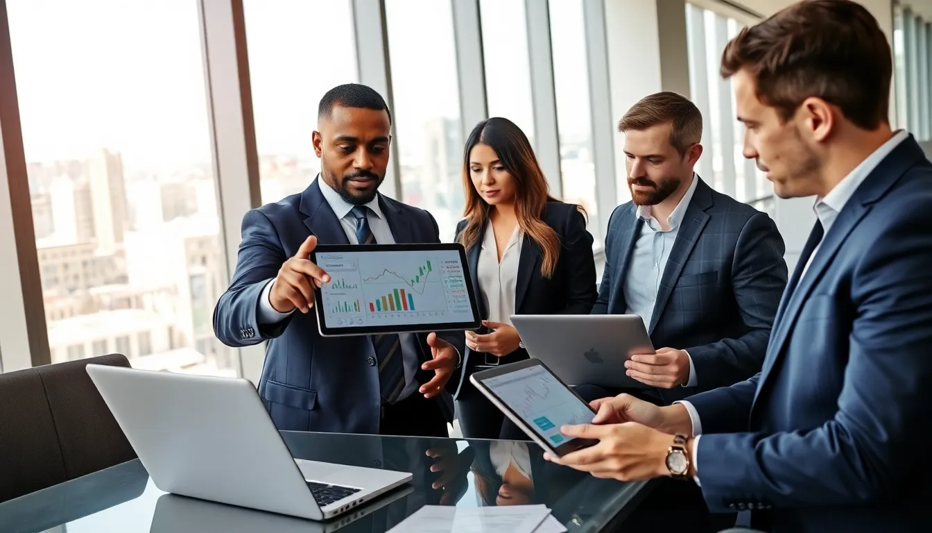 professionals discussing stock market cycles in a modern office setting.