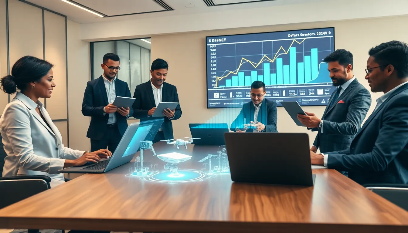 finance team discussing defense technology investments in a modern office.