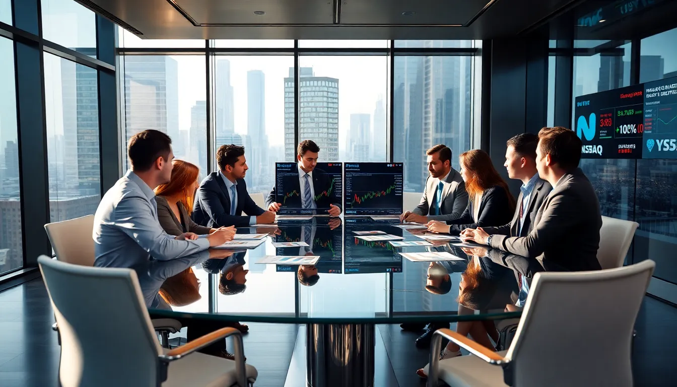 diverse professionals discussing stock market trading in a modern office.