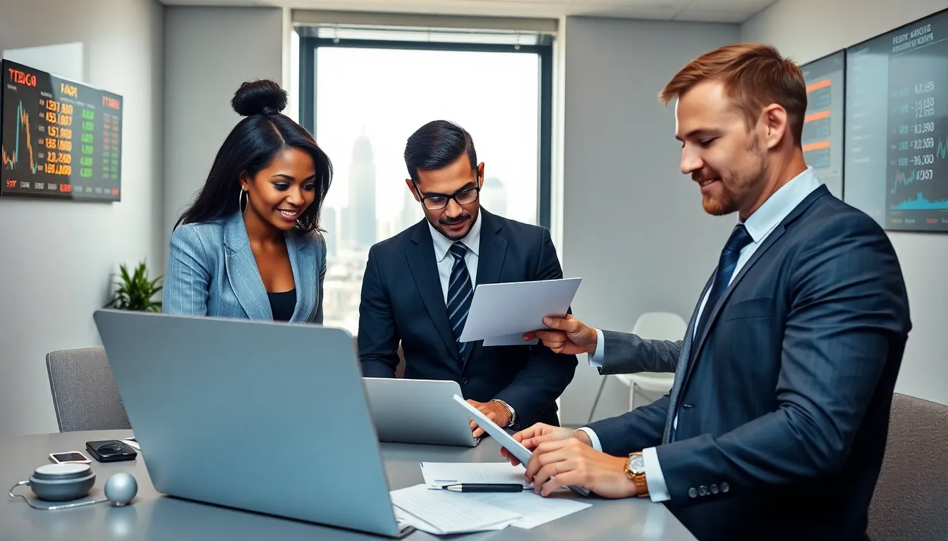 diverse financial analysts collaborating in a modern office setting.