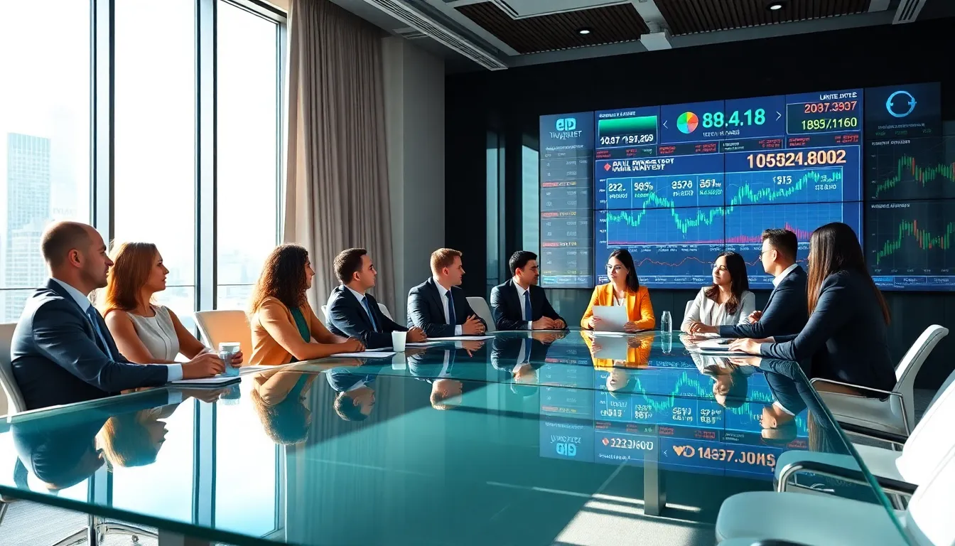 finance professionals strategizing in a modern conference room.