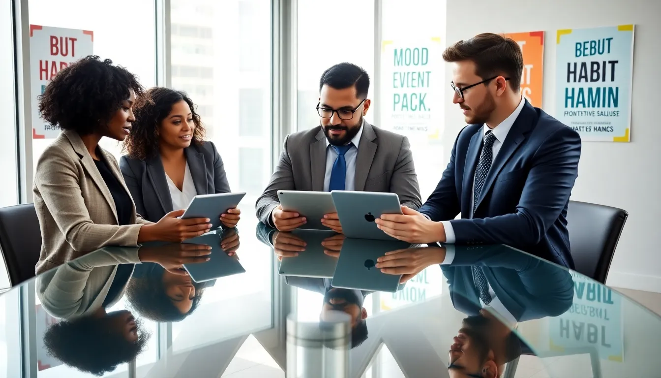 diverse team discussing positive habits in modern office.