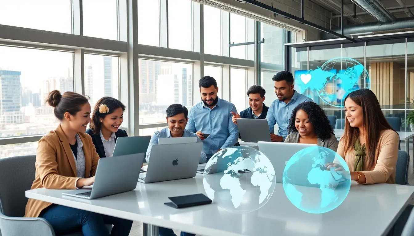 diverse professionals collaborating remotely in a modern workspace.