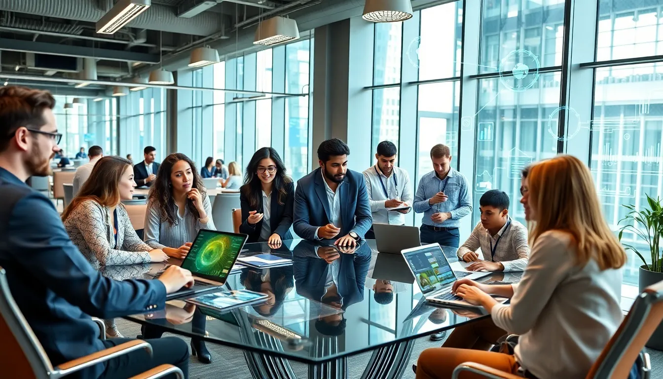 diverse professionals collaborating in a modern office of a global tech company.
